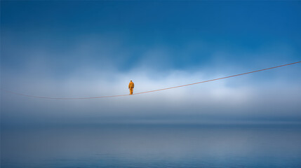 Person walking on a tightrope high above calm blue water during misty early morning with serene sky background symbolizing balance focus and daring