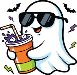 Kawaii Ghost with Milkshake &ndash; Cute Cartoon Character Illustration