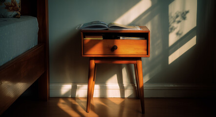Mid-Century Modern nightstand with book in sunlight shadow.