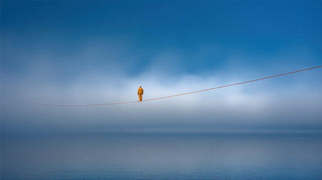 Person walking on a tightrope high above calm blue water during misty early morning with serene sky background symbolizing balance focus and daring - Powered by Adobe