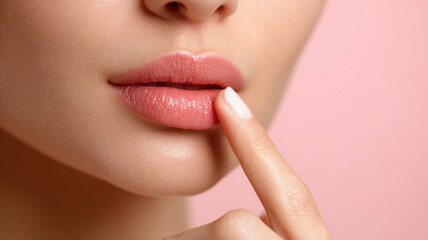 Obraz premium A close-up view of delicate lips, touched by a finger. The focus is on the smooth, soft texture of the lips, highlighting their natural beauty
