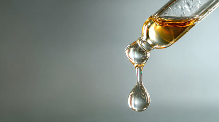 A close-up shot of a glass dropper dispensing liquid. A single drop of liquid is suspended and falling. This image is associated with science and laboratory settings