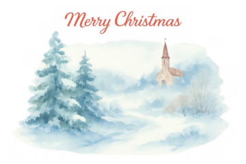 Merry christmas holiday greeting with winter landscape, snow-covered pine trees, and a distant church watercolor illustration on transparent background