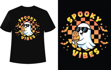 Spooky Vibes Ghost T-Shirt Design | Funny Halloween Kawaii Ghost with Ice Cream, Sunglasses, and Checkered Background