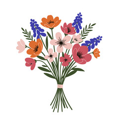 Vibrant bouquet of colorful spring flowers, delicate petals and lush green stems tied with a simple ribbon, perfect for celebrations and gifting