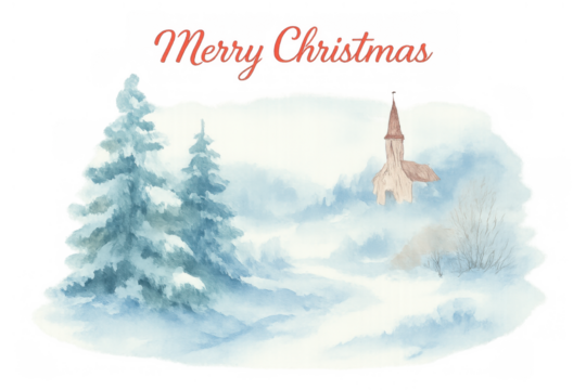 Merry christmas holiday greeting with winter landscape, snow-covered pine trees, and a distant church watercolor illustration on transparent background