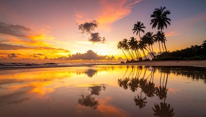 Idyllic Tropical Beach Sunrise with Palm Trees Silhouetted Against a Fiery Orange and Yellow Sky Reflected in the Wet Sand