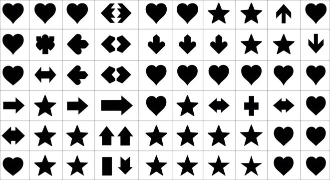 Collection of Black and White Graphic Symbols on a Grid Background.