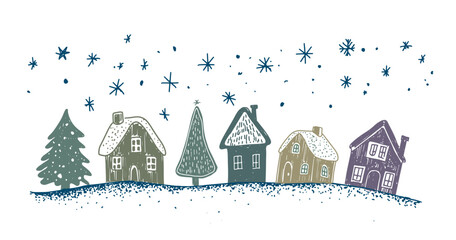 Christmas houses with tree on white	
