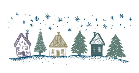 Christmas houses with tree on white	
