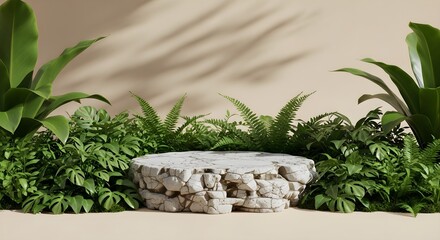 White Cracked Stone Table with Lush Green Plants