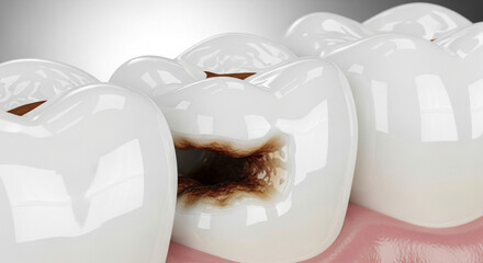 Dental decay on tooth enamel with cavity formation, oral health and prevention awareness in dentistry