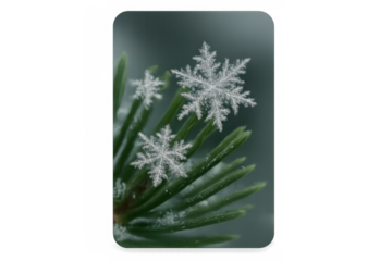 Delicate ice crystals forming unique snowflake patterns resting on green pine needles during winter season