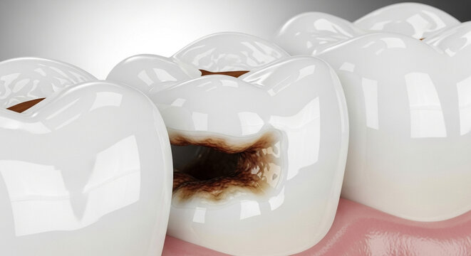 Dental decay on tooth enamel with cavity formation, oral health and prevention awareness in dentistry