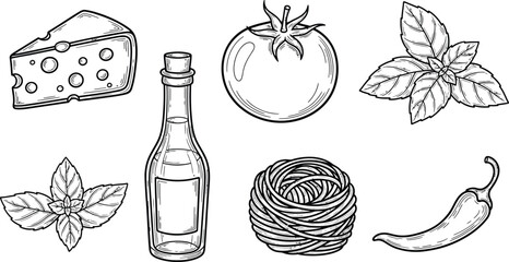 Mediterranean blue summer Italian food and drink set. la dolce vita. Outline Vintage aesthetics isolated minimal whimsical Hand sketch drawings on white background.