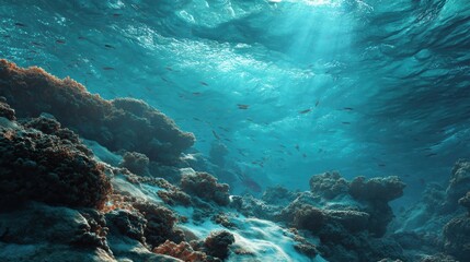 Beneath the waves, coral reefs teem with life, showcasing a vibrant marine ecosystem bathed in sunlight.