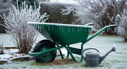 Icy wheelbarrow in garden, winter frost on backyard tools and landscape maintenance in cold weather