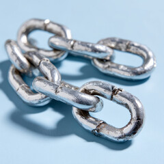 Obraz premium Closeup of metal chains on a light blue background.