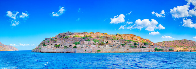 Greek Travel Concepts. Picturesque View of the Island of Spinalonga at the Gulf of Elounda in...