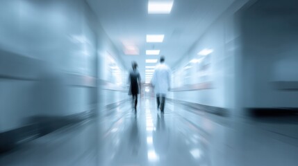 Blurry figures walking in a hospital corridor, emphasizing the busy atmosphere of healthcare facilities.