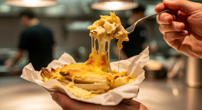 Chicon au gratin portion held hand on parchment paper, melted cheese stretching casual modern bistro setting, comfort food dining