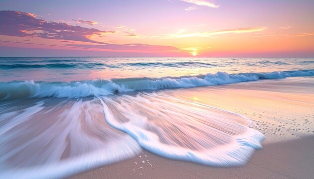 Ocean wave washing over sandy beach at colorful sunset with orange sun and pink clouds reflecting on water