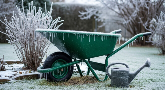 Icy wheelbarrow in garden, winter frost on backyard tools and landscape maintenance in cold weather