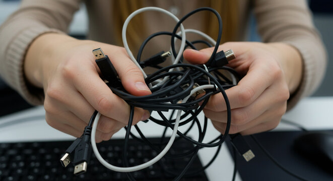 Person tangled in computer cables at office desk, technology frustration and workspace organization