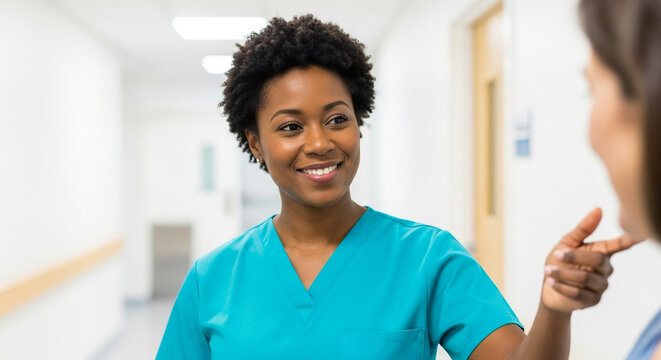 Assistant offering help, smiling female nurse in turquoise scrubs talking to patient in bright hospital corridor, healthcare and medical support