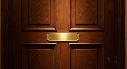 Elegant wooden door with a blank golden nameplate offers classic style, perfect for office branding or sophisticated design projects with a timeless feel