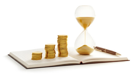 Stacks of gold coins and hourglass placed on notebook symbolizing time investment and financial growth planning concept