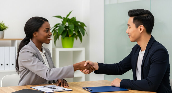 African-American female recruiter shaking hands with Asian male candidate in office, professional interview and business recruitment