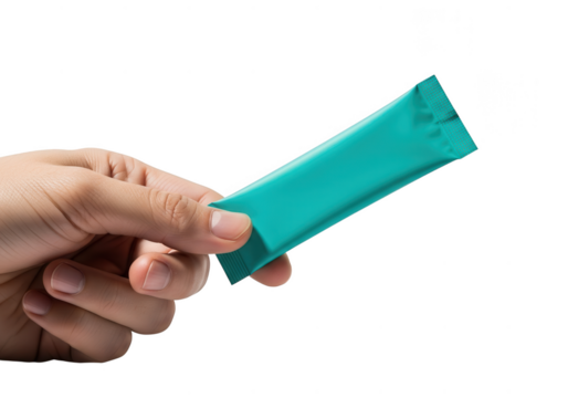 Hand holding a teal colored stick packet isolated on transparent background