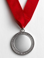 Silver medal with red ribbon on a white background.