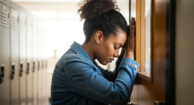 Woman staring at closed door, tired teacher leaning in school hallway, stress and mental health awareness in education