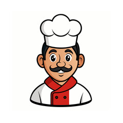 Smiling cartoon chef with a moustache wearing a toque and chef jacket isolated on white background silhouette