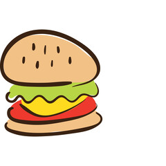 Hand drawn illustration of a hamburger with lettuce tomato and cheese on a transparent background