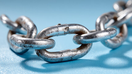 Fototapeta premium Close-up of a metal chain link on a blue surface.
