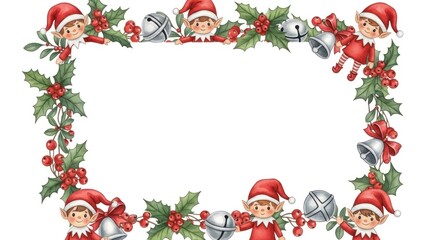 Whimsical festive frame with mischievous elves in red suits, holly, bells, and berries. White background