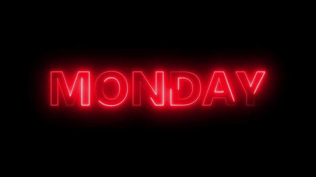 Bright neon lines Monday text red color animation.  7 days a week name Monday 4k video. 