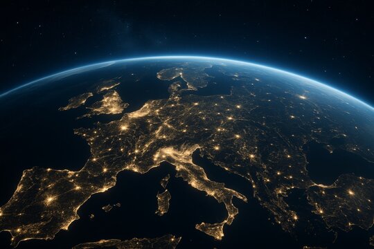Night view of European continent from space with glowing city lights and dark starry sky in the background emphasizing urban connectivity concept. Ai generative