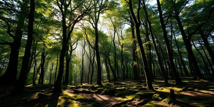 Dense forest canopy bathed in soft sunlight, casting dappled shadows on the mossy ground, growth, green