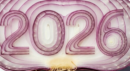 A cross-section of a red onion has the numbers "2026" carved into it, showcasing the layers