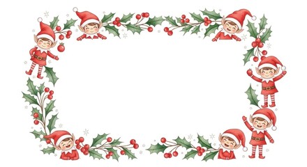 Festive rectangular frame with elf characters, holly, and red berries on a white background, evoking Christmas cheer