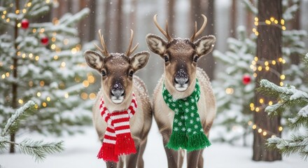 Two reindeer with scarves pose in a snowy forest during the holidays. Christmas lights and ornaments adorn the snowy trees