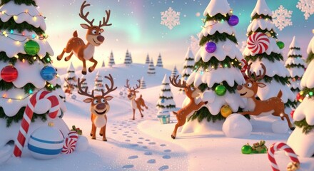 A cartoon Christmas scene with reindeer leaping through snow, decorated trees, and a northern lights display