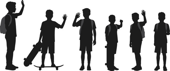 Children silhouettes, kids waving, school students, backpack, skateboard, casual pose, standing group, childhood activity, vector illustration, black outline, isolated icons