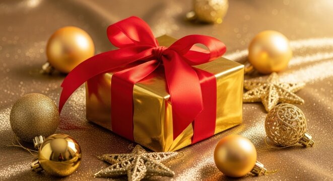 Golden gift box with red ribbon centerpiece, surrounded by gold baubles and star ornaments on a shimmering, reflective gold fabric - Powered by Adobe