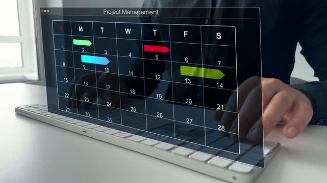 Project manager updating tasks and milestones progress planning with calendar interface for company.Business Project Management System.	