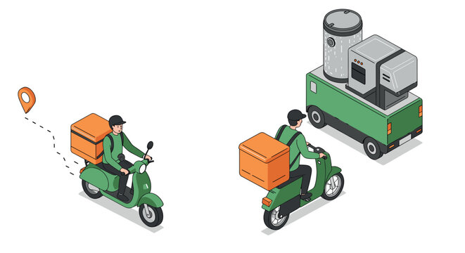 Isometric delivery service scooter and food truck with gps tracking and packages